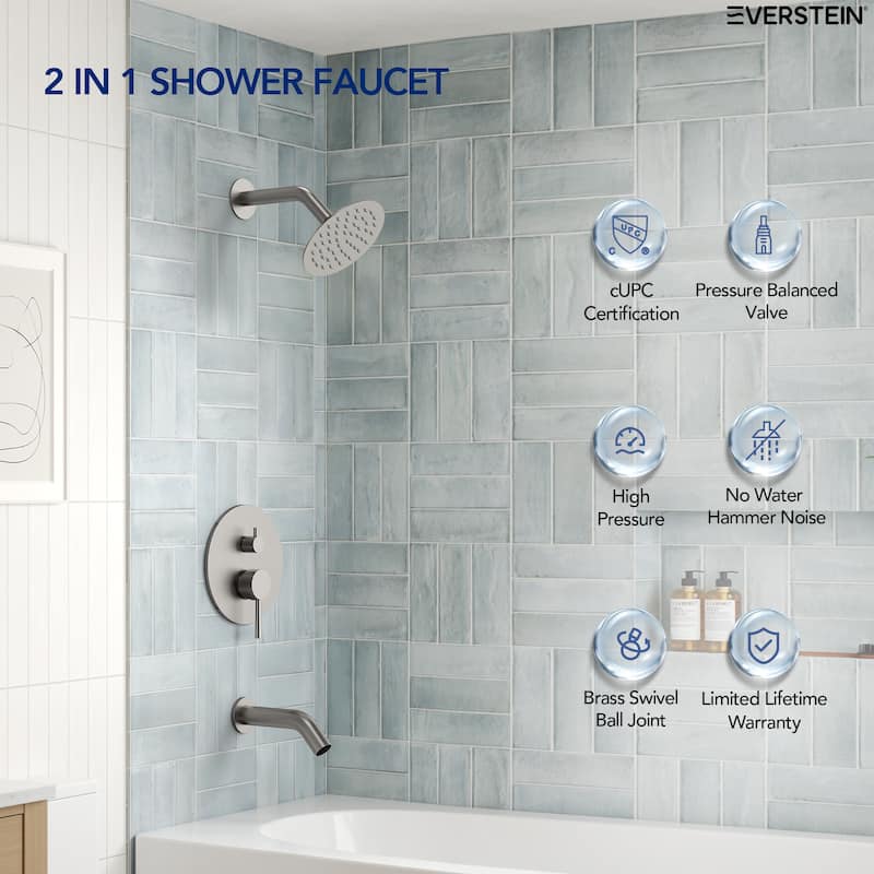 6" Dual-Function Tub and Shower Faucet Set, Modern Tub And Shower Trim Kit Valve Included