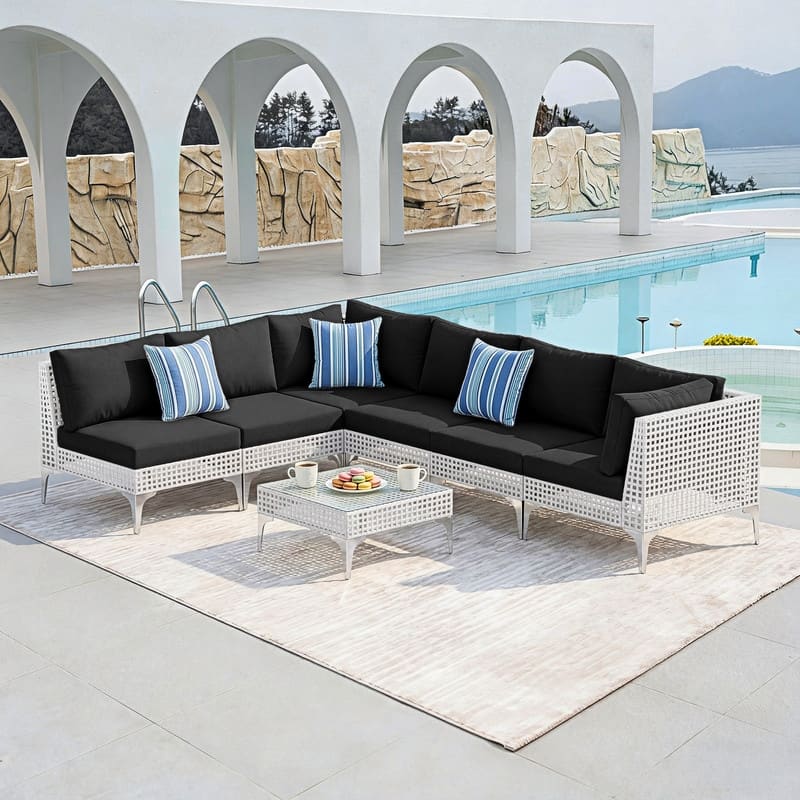 FINCATI Modern Patio Furniture Set with Table, Outdoor Wicker Sectional Seating Group With Cushions - 7 PCS-Black