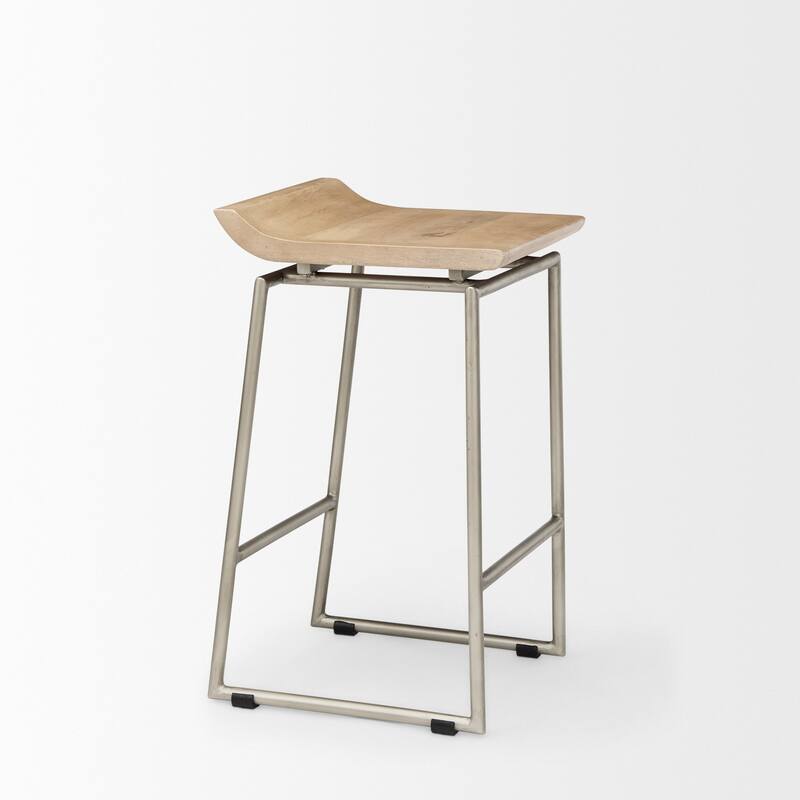 Givens Light Brown Solid Wood with Silver Metal Frame Counter Stool - 14"W x 15.7"D x 25.7"H