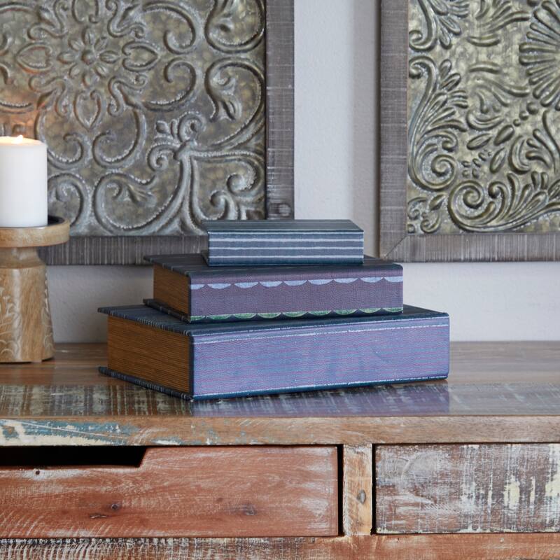 Burlap Leather Canvas Book Box Various Designs (Set of 3)