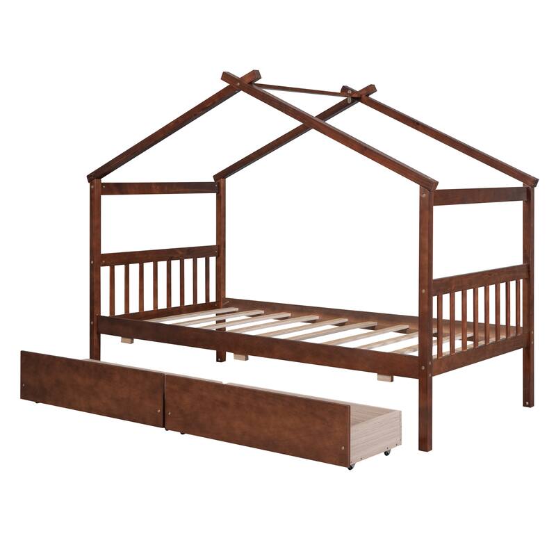 Twin Size Wooden House Bed with Storage Drawers, Fun Kids Bed with Roof Design