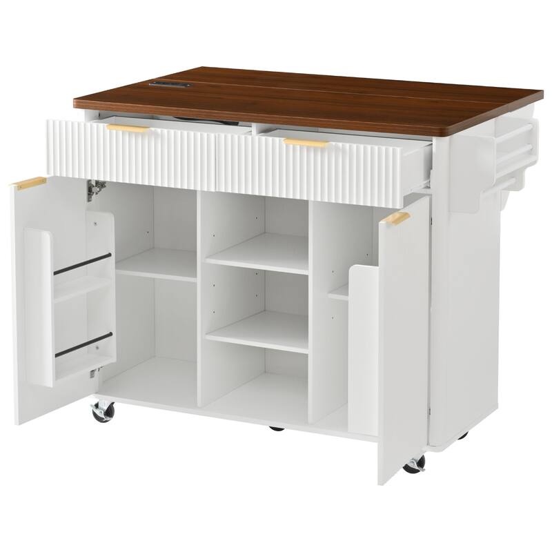 52" Fluted Kitchen Island with Drop Leaf, Power Outlet, Kitchen Storage Cart with Adjustable Shelves, 2 Doors and 2 Drawers