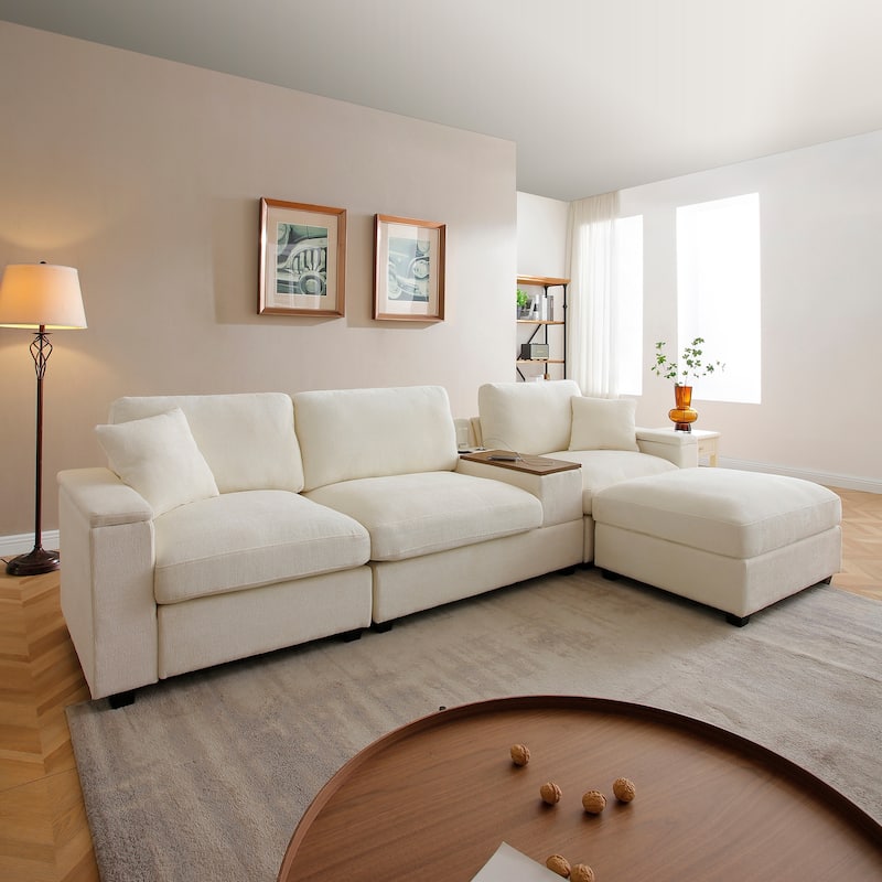 120.3" L-Shaped Sectional Sofa with Wide Seats, USB Charging, Foldable 360掳 Tray, Cup Holders, Storage Ottoman & Armrest