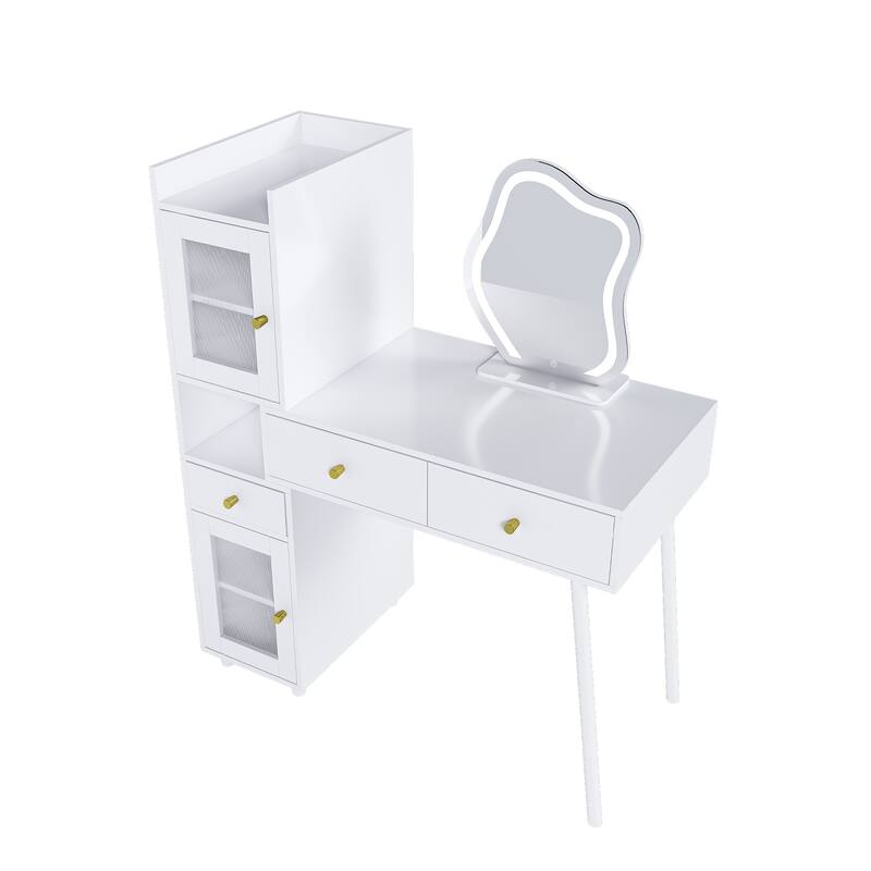 Anmytek Lighted Sliding Mirror Vanity Desk - 4 Drawers, 9 Storage Spaces,Power Outlets and Cushioned Stool