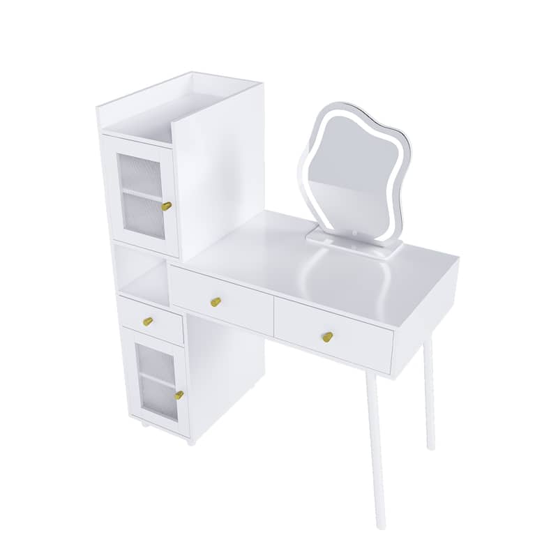 Vanity Dressing Table with LED Mirror & Storage, Makeup Desk Features 3 Drawers, 2 Open Shelves (Transparent Doors)