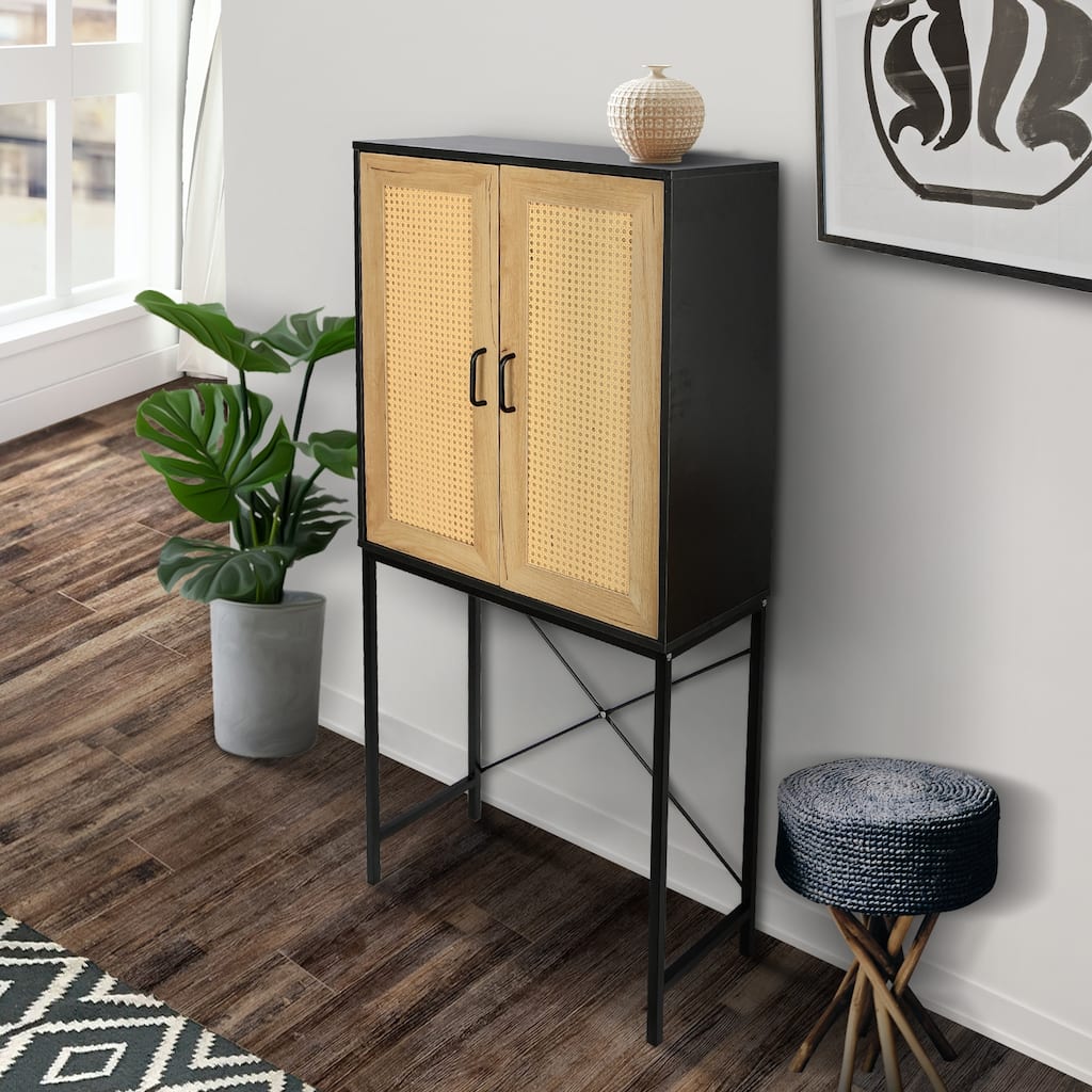 Elegant Cabinet with 2 Rattan Doors Bedroom Living Room Kitchen Cupboard Wooden Furniture with 3-Tier Shelving X-Shaped