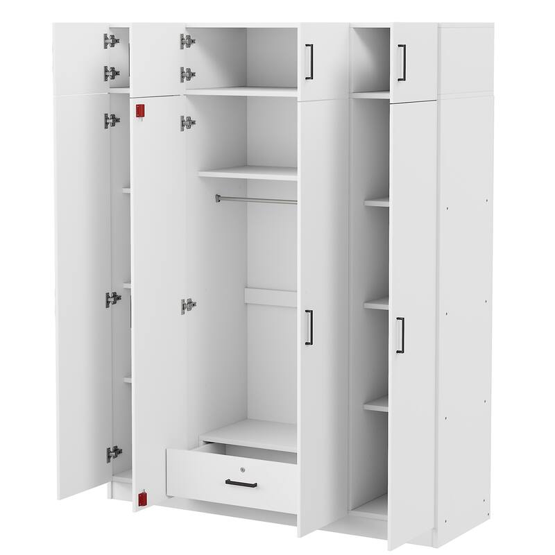 4-Door Bedroom Wardrobe with 1 Storage Drawer and Top Cabinet, Armoire Closet Clothes Organizer w/ Hanging Rod & Storage Shelves