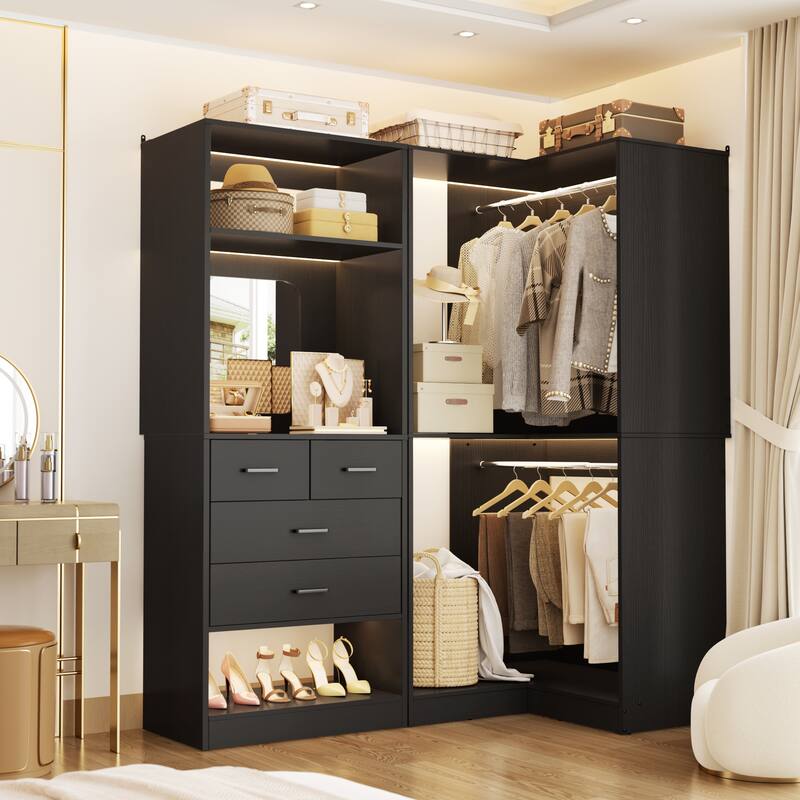 Cimly Set of 2 Corner Closet System with Drawers, Freestanding Closet Organizer with Hanging Rods and Shelves - Black
