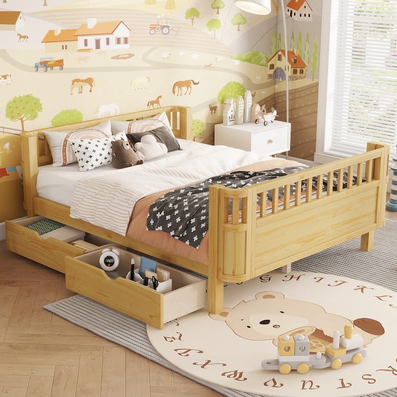 Wooden Kids Bed with 2 Storage Drawers, Guardrails and Removable Side Rail, Rounded Corners Frame Montessori Bed, Toddler Bed - Natural - Full