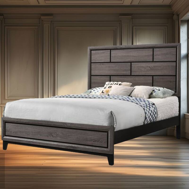 Contemporary Queen Panel Bed with Box Design Headboard, Rubberwood Frame, and Modern Transitional Style