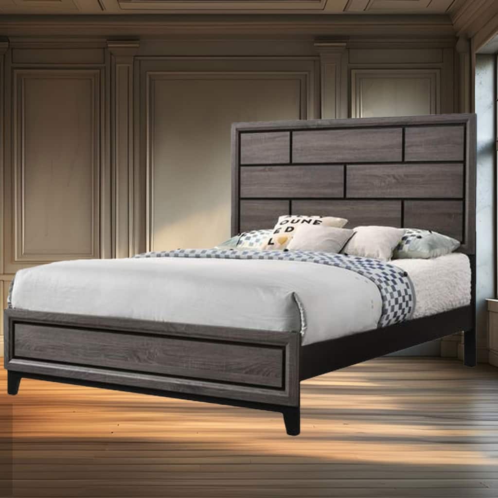 Contemporary Queen Panel Bed with Box Design Headboard, Rubberwood Frame, and Modern Transitional Style