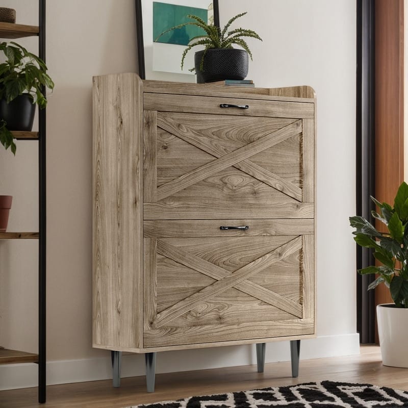 2 Flip 1 Barrier Barn Door Shoe Cabinet Melamine Embossed 31.6in