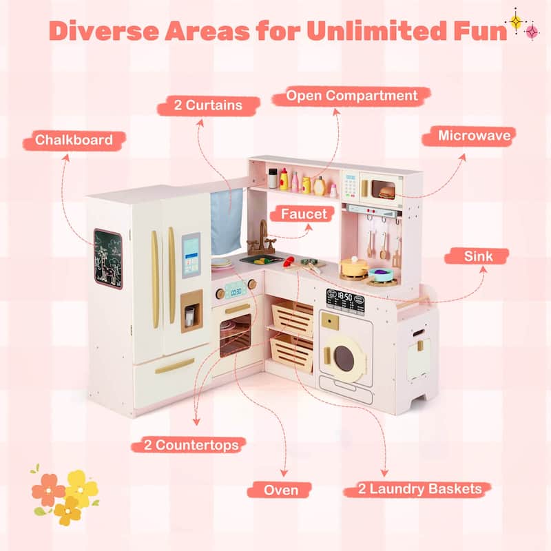 Costway Corner Play Kitchen with Lights & Sounds Wooden Toy Kitchen - See Details