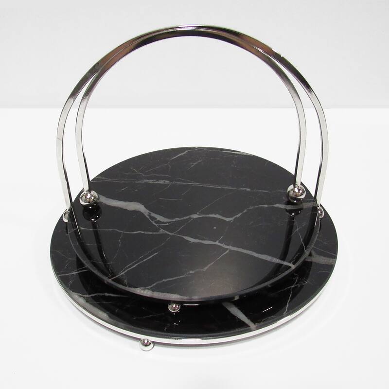 Round Marble Look Glass Decorative Tray Serving Platter with Silver Handles