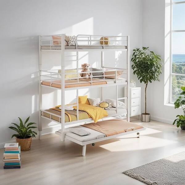 slide 2 of 12, Metal Twin Size Triple Bunk Bed With Trundle, Space-saving, White White