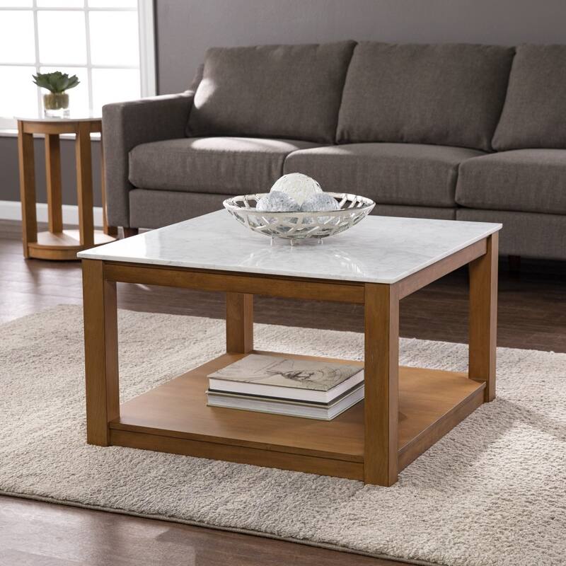 30" Contemporary Wooden Coffee Table with Faux Marble Top and Storage Shelves for Living Room - 18.25" H x 30" W x 30" D