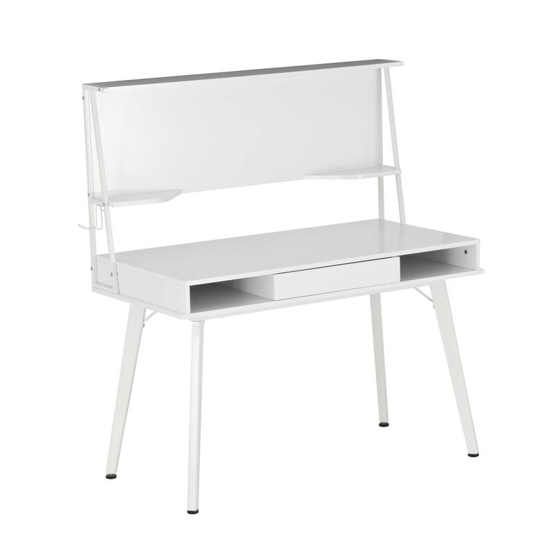 Modern Computer Desk with Magnetic Dry Erase Board, Open Storage Areas, and Top Shelf for Home Office or Study