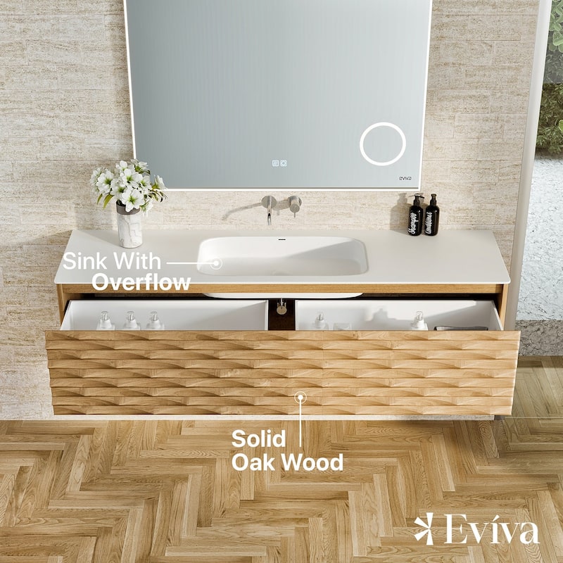Oahu 55"W Wall Mount Oak Vanity with Solid Surface Integrated Sink