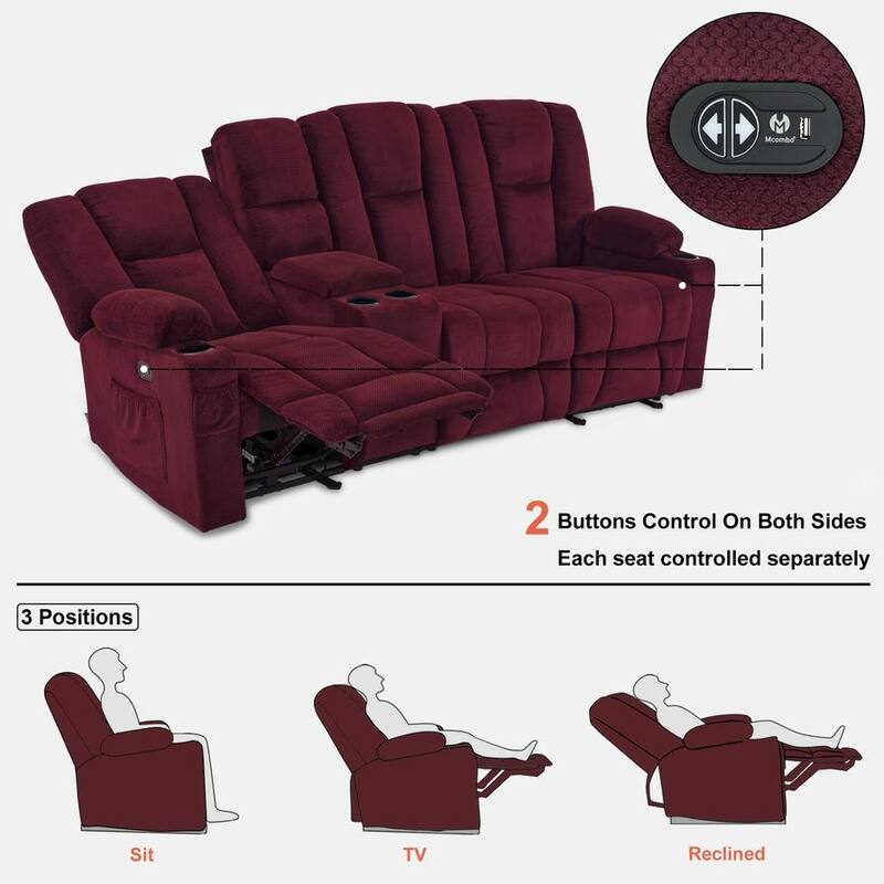 MCombo Electric Power Reclining Sofa with Massage and Lumbar Heat, Fabric 6015/6025/6035/6045