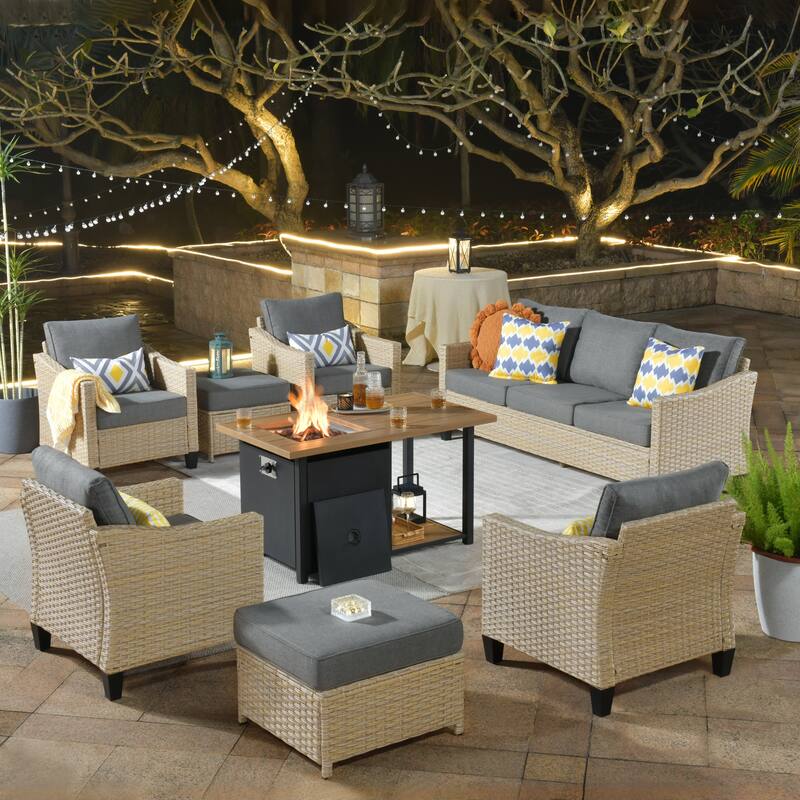 HOOOWOOO 8-piece Patio Wicker Rattan Conversation Set with Multifunctional Fire Pit Table - Dark Grey