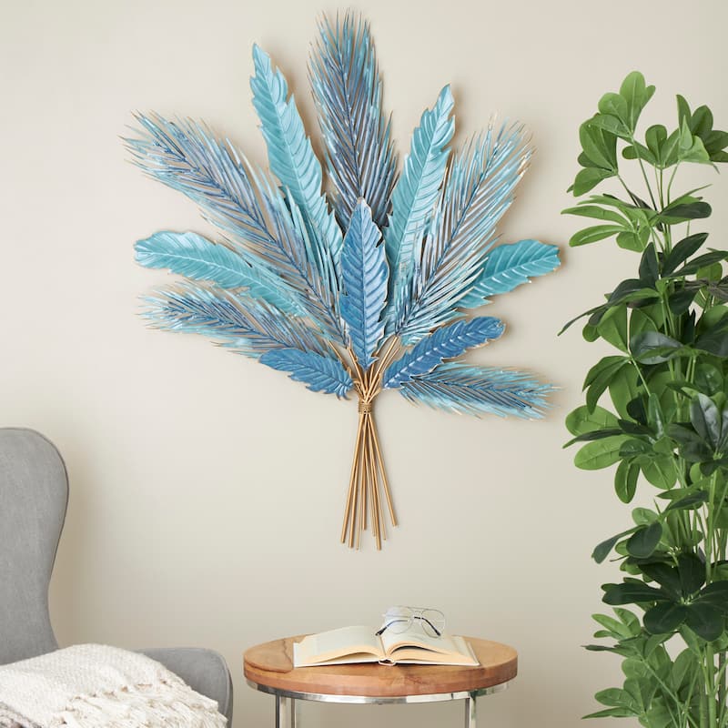 Metal Leaf Bundle Wall Decor with Gold Stems - Blue - Roche River Decor