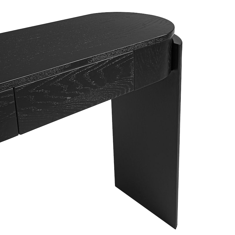 Roomfitters Entryway Console Table with Natural Wood Finish, Oval Top, Fluted Legs and 2 Storage Spaces