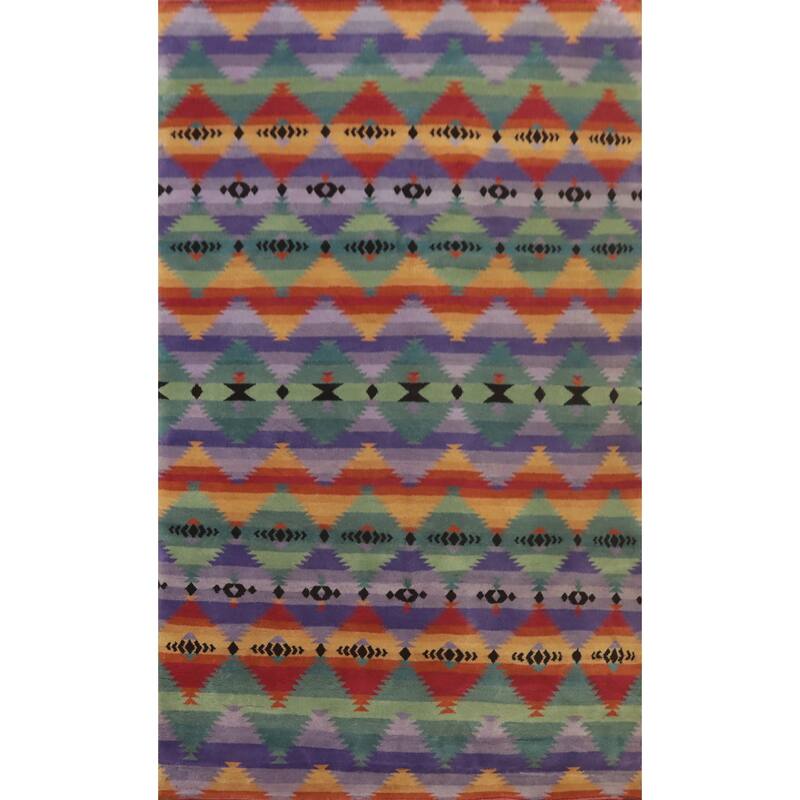 Hand-knotted Tribal Wool Purples Geometric Oriental Area Rug - 9' 2'' X 6' 1''