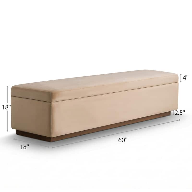 60" Wide Mid-Century Velvet Storage Bench With Solid Wood Base