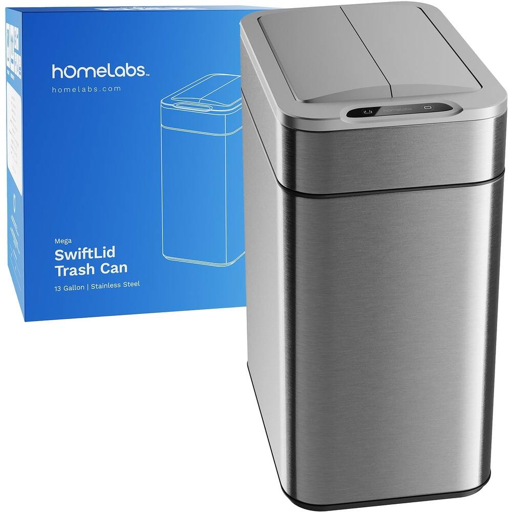 hOmeLabs 13 Gallon Kitchen Trash Can - Retractable Sensor Butterfly Lid, Easy Clean, Battery-Operated - Stainless Steel