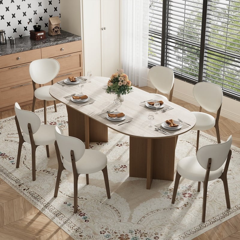 Mid-Century Modern Beige PU Leather Dining Chairs, Fully Assembled with Solid Wood Legs