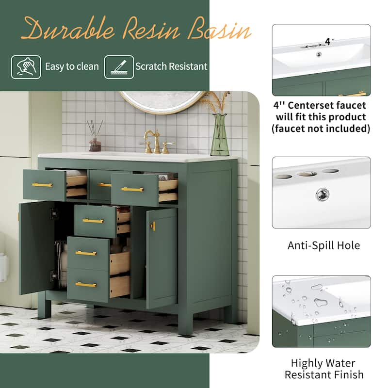 Roomfitters 36" Vanity with Ceramic Sink, Solid Wood Freestanding Cabinet with 4 Drawers and 2 Doors, Storage Unit for Bathroom