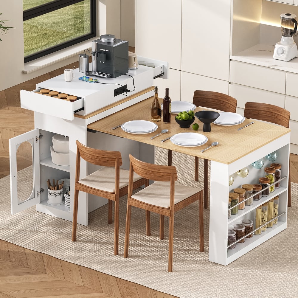 Extendable Kitchen Island Dining Table with Power Outlet, Rolling Sideboard with Folding Tabletop & Drawers