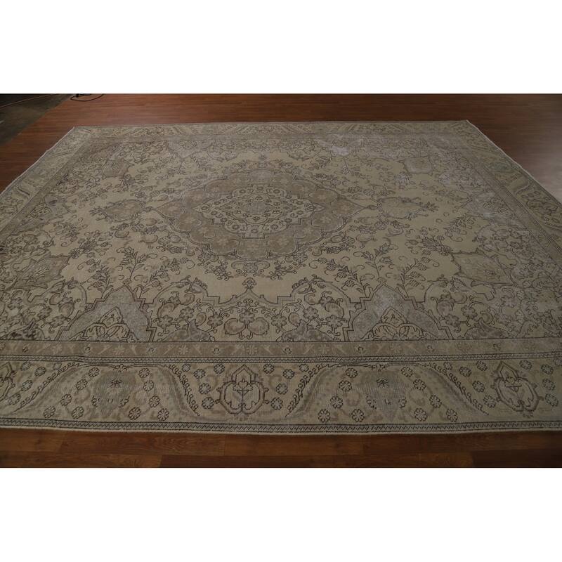Traditional Tabriz Persian Vintage Rug Handmade Beige Wool Carpet - 9'7" x 12'1"