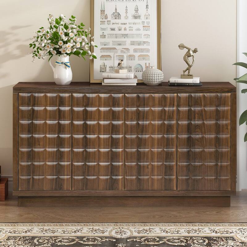 Modern 4-Door Storage Cabinet with Geometric Design and Adjustable Shelves for Home Organization - Brown