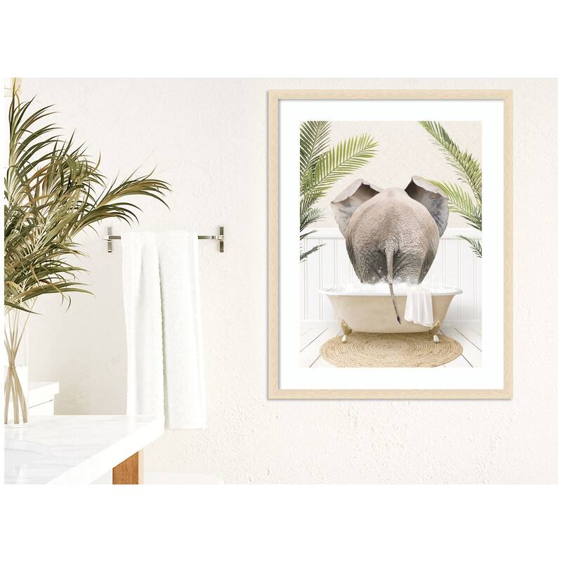 Kate and Laurel Elephant Back in Palm Bathtub by Amy Peterson Framed Wall Art Print