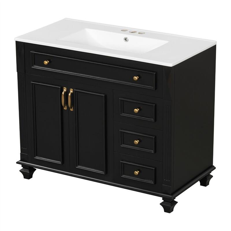 36" Bathroom Vanity with Ceramic Sink, Freestanding Bathroom Vanity Cabinet with Flip-Out Drawer, 3 Drawers & 2 Soft-Close Doors