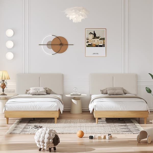 slide 2 of 18, VECELO 2-pack Wood Frame Upholstered Kids Bed With Headboard Twin Size Bed Set of 2 Beige