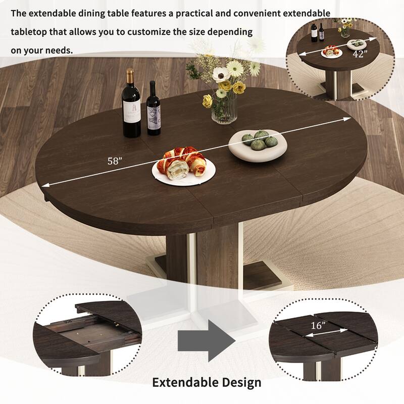 42-58 inch Extendable Oval Table with 16" Leaf, Seats for 6, 2 Colours
