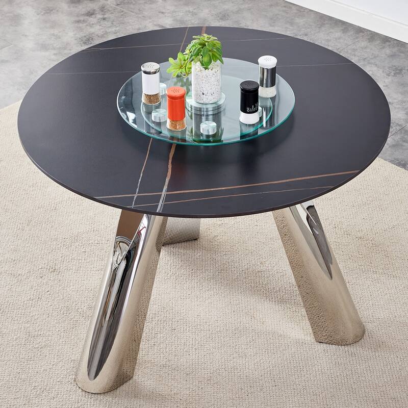 42" Luxury Sintered Stone Table 0.45" Durable Top 6" Steel Legs,350lb Capacity,Stain/Heat-Resistant Black Veined Surface