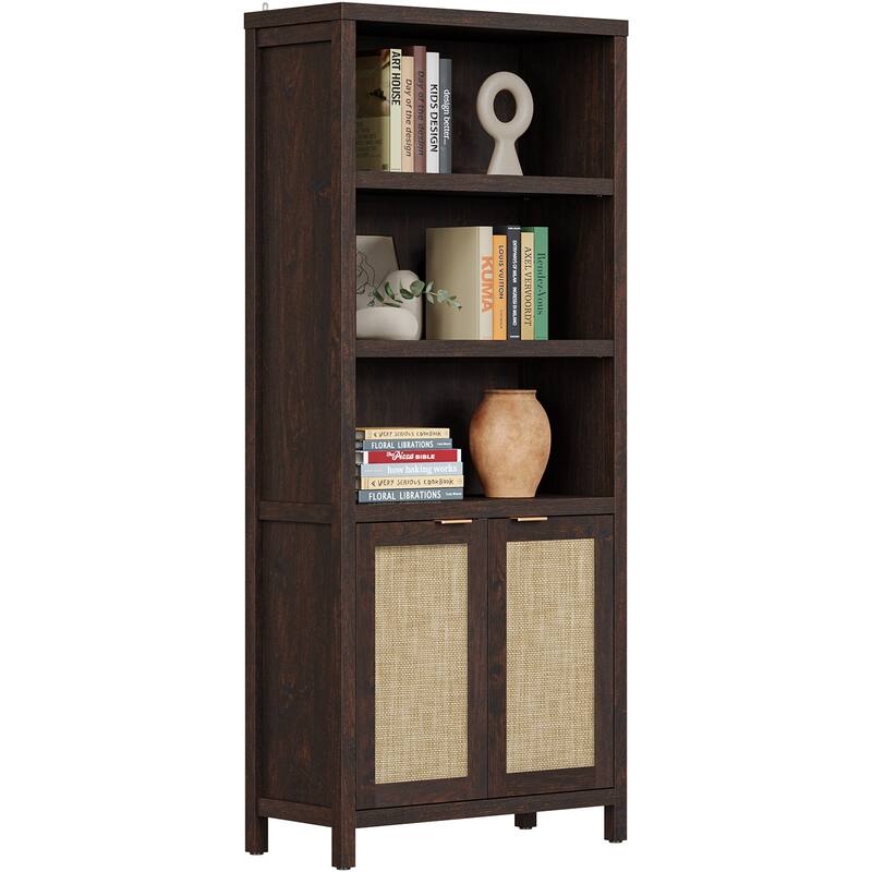 SICOTAS 5 Tier Adjustable Bookcase with Rattan Storage Cabinet