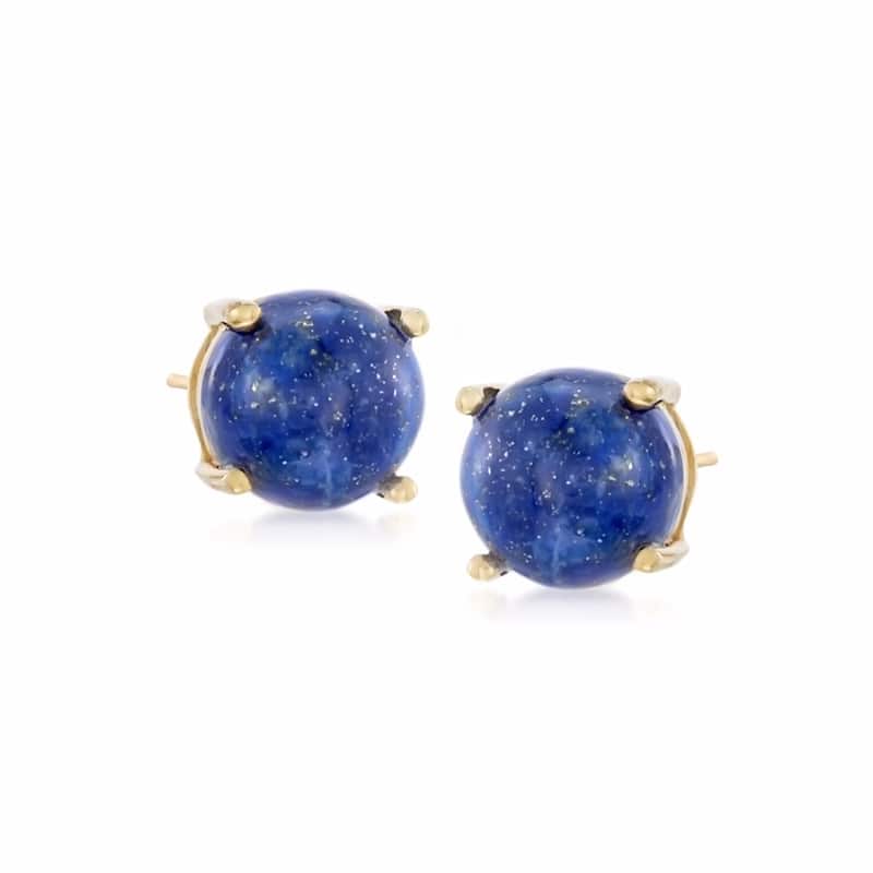 18K Yellow Over Sterling Silver 8mm Round Genuine Gemstone Stud Earrings - Blue - Lapis