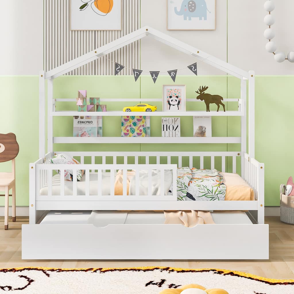 Cute Wooden Twin or Full House Bed with Trundle, Kids Bed Wood Platform Bed Frame with Safety Guardrail & Storage Shelf