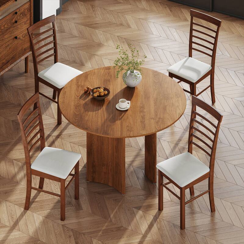 Set of 2 Dark Brown Beige Dining Chairs with Foam Cushion Seat and Rubberwood Frame - 17.1" W x 20.1" D x 37" H