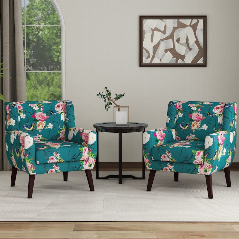 Set of 2 Modern Accent Chair Cotton Linen Upholstered Armchair for Living Room - Pattern - Pattern Blue