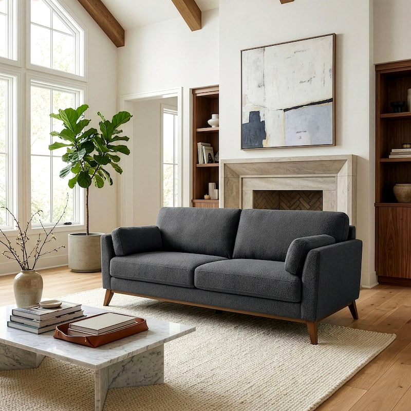 Birre Dark Gray Micro Boucle Fabric Sofa with Walnut Wood Legs