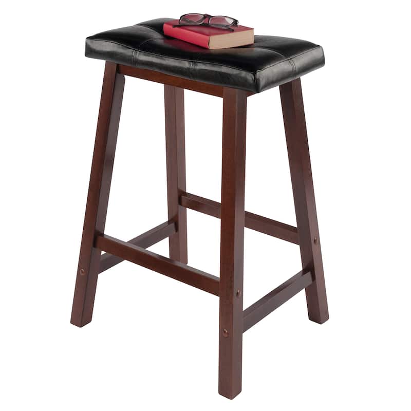 24.75" Black Faux Leather Saddle Seat Stool with Wood Legs