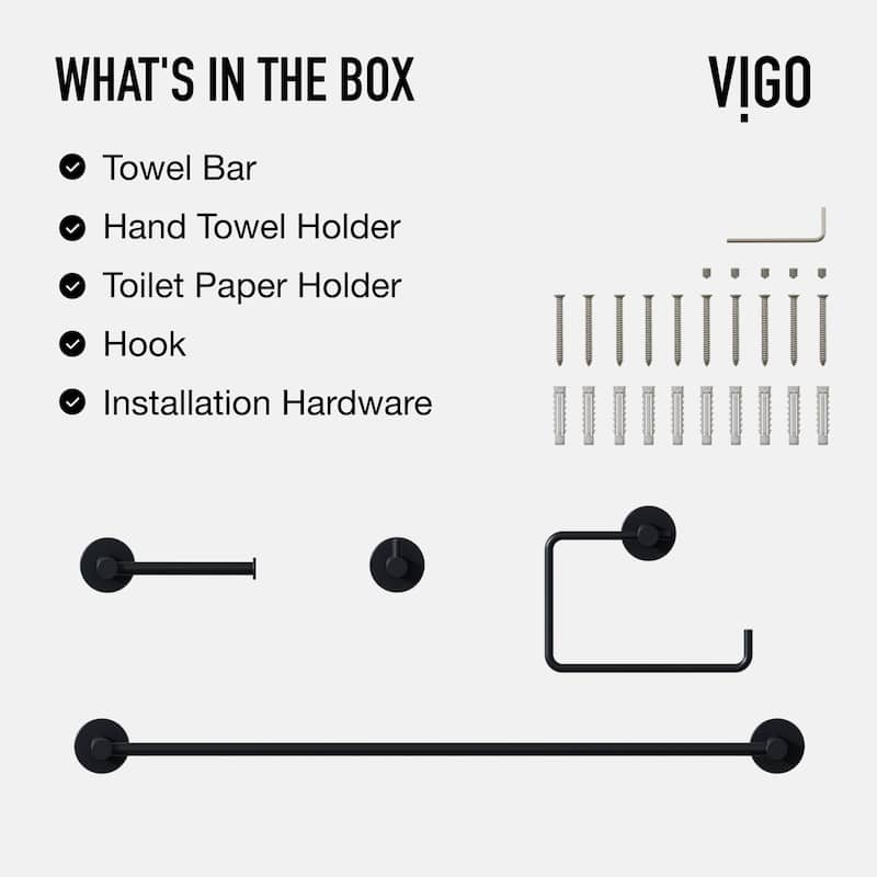 VIGO Cass 4-Piece Bathroom Hardware Accessory Set with 24 in. Towel Bar, Toilet Paper Holder, Hand Towel Holder, Hook