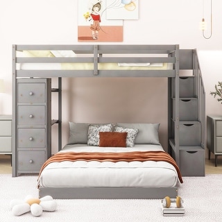 Twin Over Full Bunk Bed with Shelves, Drawers, Storage Stairs, Grey