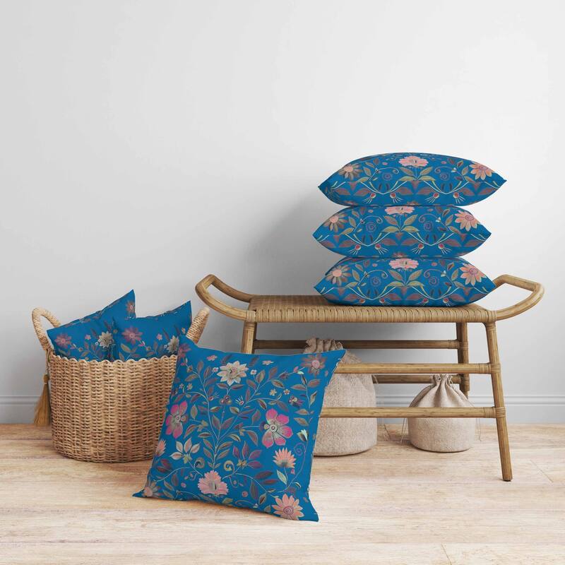 Symmetrical Flora Faux Suede Reversible Throw Pillow Blue and Pink