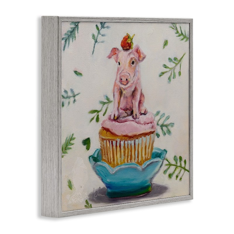 Stupell Charming Teacup Pig on Strawberry Cupcake Dessert Framed Wall Art, 12x12